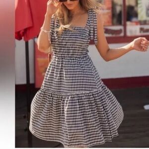 Love Olive Co • Gingham Tiered Dress navy and white tie shoulder